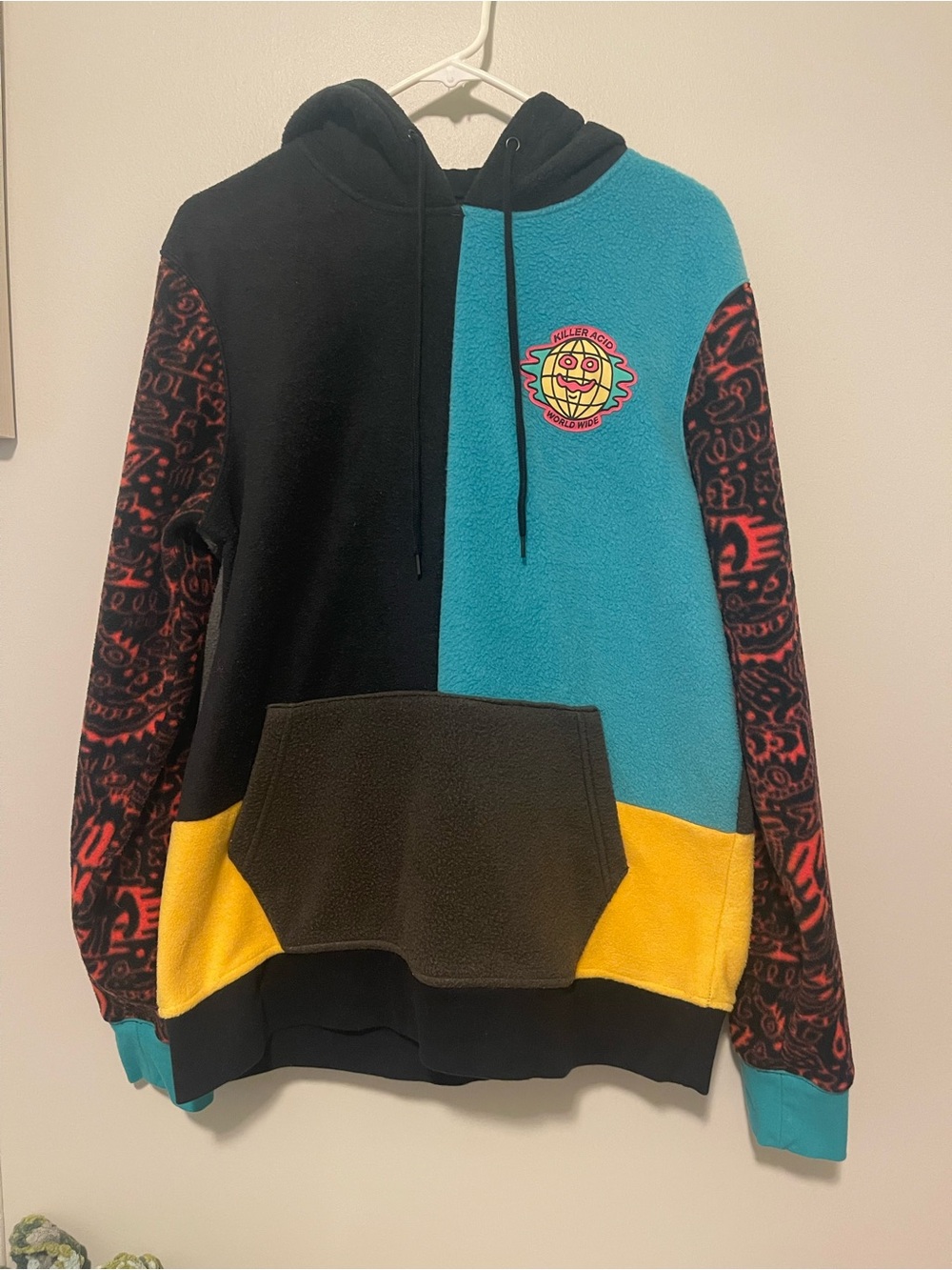 Colorblock Fleece Crewneck Hoodie - Turquoise, Black & Yellow